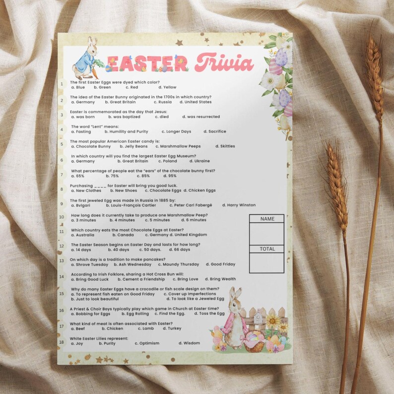 May include: A printable Easter trivia game with questions about the holiday. The game features a cartoon bunny rabbit and colorful Easter eggs.