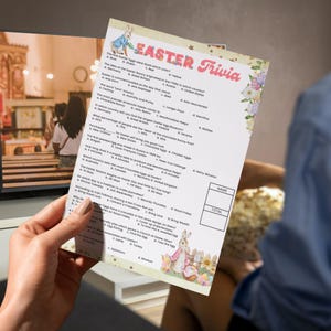 May include: A printable Easter trivia game with a cute bunny illustration. The game features questions about Easter traditions, history, and fun facts.  The questions are multiple choice and include topics like the origin of Easter eggs, the meaning of Easter, and the history of the Easter bunny.