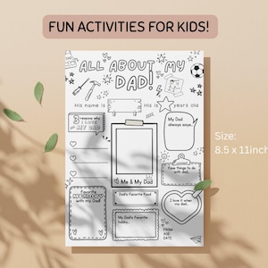 K&ouml;nnte beinhalten: Ein schwarz-wei&szlig;es Aktivit&auml;tsblatt mit dem Titel "All About My Dad!" mit Ausf&uuml;llfeldern f&uuml;r Kinder. Enth&auml;lt Bereiche f&uuml;r Name, Alter, Lieblingsdinge und Erinnerungen. Das Blatt ist 21,6 x 27,9 cm gro&szlig; und tr&auml;gt den Text "Fun Activities for Kids!"