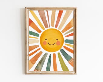 Sun Playroom Poster, Watercolor Sun Print, Digital Download,  Nursery Wall Art, Sun Wall Art, Girls Room Decor, Watercolor Nursery Decor