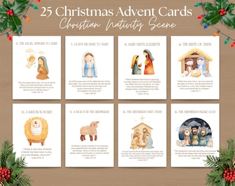 Calendario dell'Avvento con storie della Natività per bambini / Simpatici lavoretti stampabili a tema - Flashcard delle Scritture stampabili / Conto alla rovescia dei versetti della Bibbia per Natale