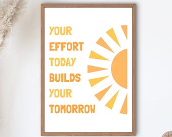 Your effort today builds your tomorrow. Motivational Office Decor, School Counselor, Mental Health Poster, Progress Quote