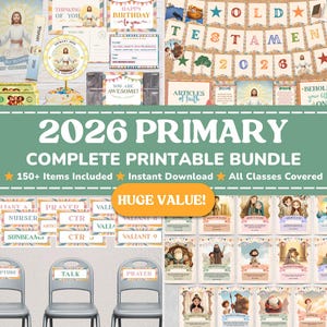 Könnte beinhalten: Eine Sammlung von Druckmaterialien für ein 2026 Primary-Programm, darunter Karten, Poster und Banner. Das Design zeigt religiöse Bilder und Texte, wobei die Worte "2026 Primary Complete Printable Bundle" deutlich zu sehen sind. Das Paket enthält über 150 Artikel.