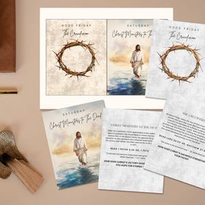 Pu&ograve; includere: Un set di carte stampabili per il Venerd&igrave; Santo e la domenica di Pasqua. Le carte presentano illustrazioni ad acquerello di Ges&ugrave; Cristo e una corona di spine. Il testo sulle carte include i titoli "La crocifissione", "Cristo ministra ai morti" e riferimenti biblici.