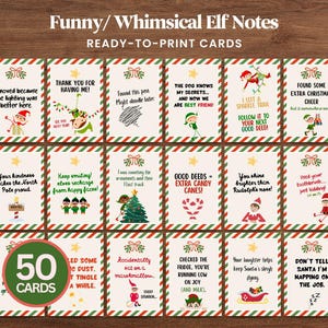 Pode incluir: Um conjunto de 50 cartões de Natal prontos para imprimir com designs de elfos caprichosos. Cada cartão apresenta uma mensagem e ilustração únicas, com um esquema de cores vermelho, verde e branco. Perfeitos para adicionar um toque de alegria festiva.