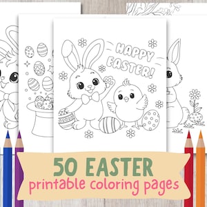 May include: A set of four black and white coloring pages featuring cute bunny rabbits, a chick, and Easter eggs. The text "Happy Easter!" is included on one of the pages.