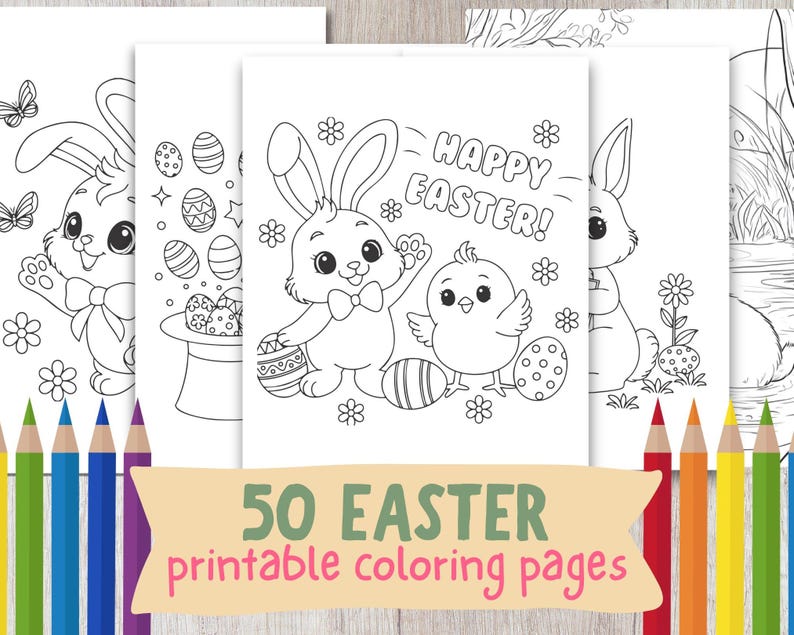May include: A set of four black and white coloring pages featuring cute bunny rabbits, a chick, and Easter eggs. The text "Happy Easter!" is included on one of the pages.