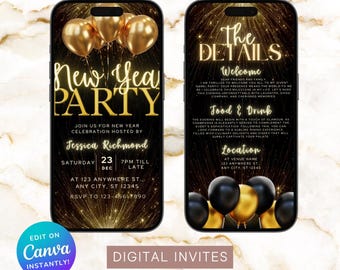 Può includere: Modello digitale di invito alla festa di Capodanno. Il design presenta palloncini dorati, uno sfondo nero e il testo "New Year Party". L'invito include i dettagli dell'evento e l'opzione per modificare su Canva.