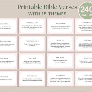 May include: Printable Bible verses with 15 themes, featuring 240 cards. Each card displays a Bible verse with its reference. The cards are arranged in a grid, with a soft pink border and text in a classic font.