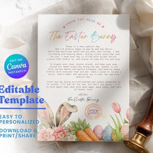 Könnte beinhalten: Eine druckbare Vorlage zum Thema Ostern mit dem Text "From the Desk of The Easter Bunny". Das Design umfasst Pastellfarben, Ostereier, Karotten und florale Elemente. Die Vorlage ist editierbar und kann heruntergeladen und gedruckt werden.