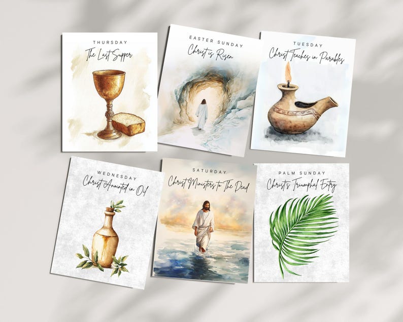 Pu&ograve; includere: Sei illustrazioni ad acquerello che rappresentano scene della Settimana Santa e della Pasqua cristiana. Le illustrazioni includono un calice e pane, una grotta con una figura che si allontana, una lampada ad olio di argilla, una bottiglia di olio, una figura che cammina sull'acqua e una foglia di palma.