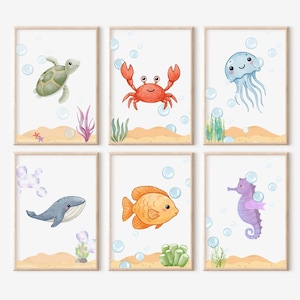 Láminas infantiles de animales marinos, descarga digital, set de láminas infantiles para niños, arte mural de animales marinos, decoración de sala de juegos, pósteres de animales marinos náuticos