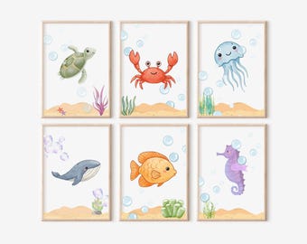 Poster Mare Per Cameretta Bambino | Tela Con Tartaruga, Balena E Cavalluccio | Scegli Tra 4 Misure | Senza Cornice