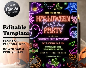 Editable Neon Halloween Party Invite Halloween spooky party invite HW04 Halloween Invitation glow Birthday invitation
