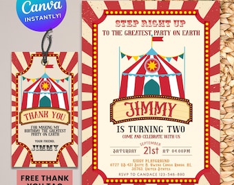Modello modificabile per invito di compleanno di Carnevale, invito di compleanno a tema circo, invito di Carnevale, invito di Carnevale