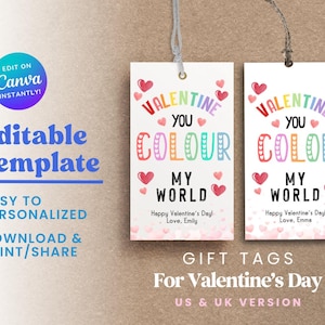 Rainbow Valentine&#39;s Day Gift Tag Template, Editable Crayons ,Printable You Color My World Valentine Tags, Kids Valentine, Instant Download