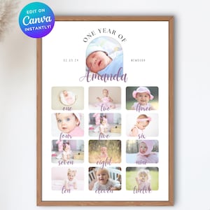 cartel de cumpleaños importante, plantilla de póster imprimible del primer año del bebé, tablero de hitos del primer cumpleaños del bebé, cartel de collage de fotos del primer cumpleaños
