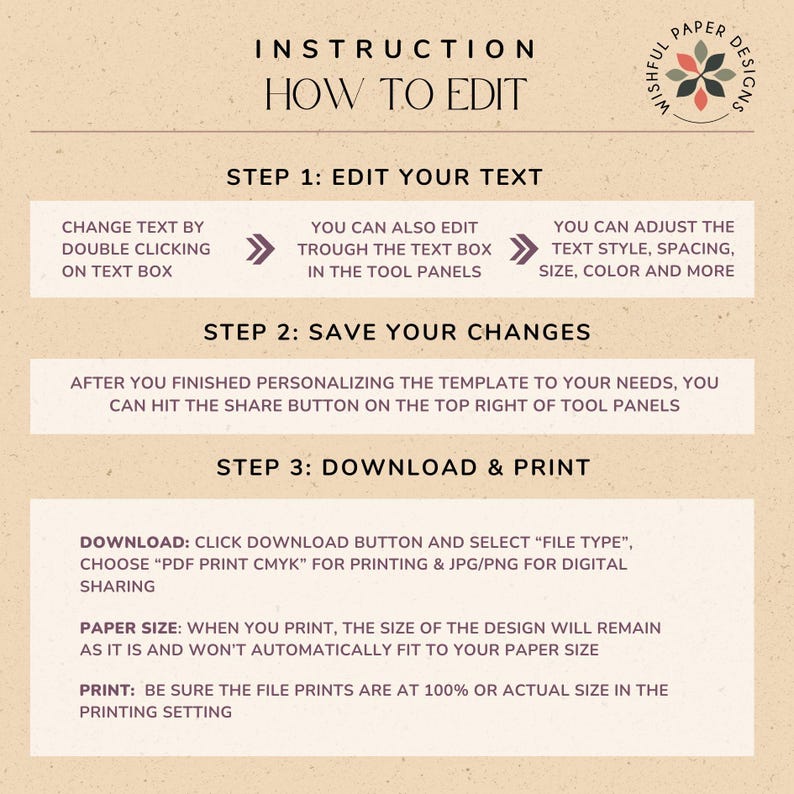 May include: A beige background with instructions on how to edit a digital template. The text says "Change text by double clicking on text box", "You can also edit through the text box in the tool panels", "You can adjust the text style, spacing, size, color and more", "After you finished personalizing the template to your needs, you can hit the share button on the top right of tool panels", "Download: Click download button and select "File type", choose "PDF print CMYK" for printing & JPG/PNG for digital sharing", "Paper size: When you print, the size of the design will remain as it is and won't automatically fit to your paper size", "Print: Be sure the file prints are at 100% or actual size in the printing setting".