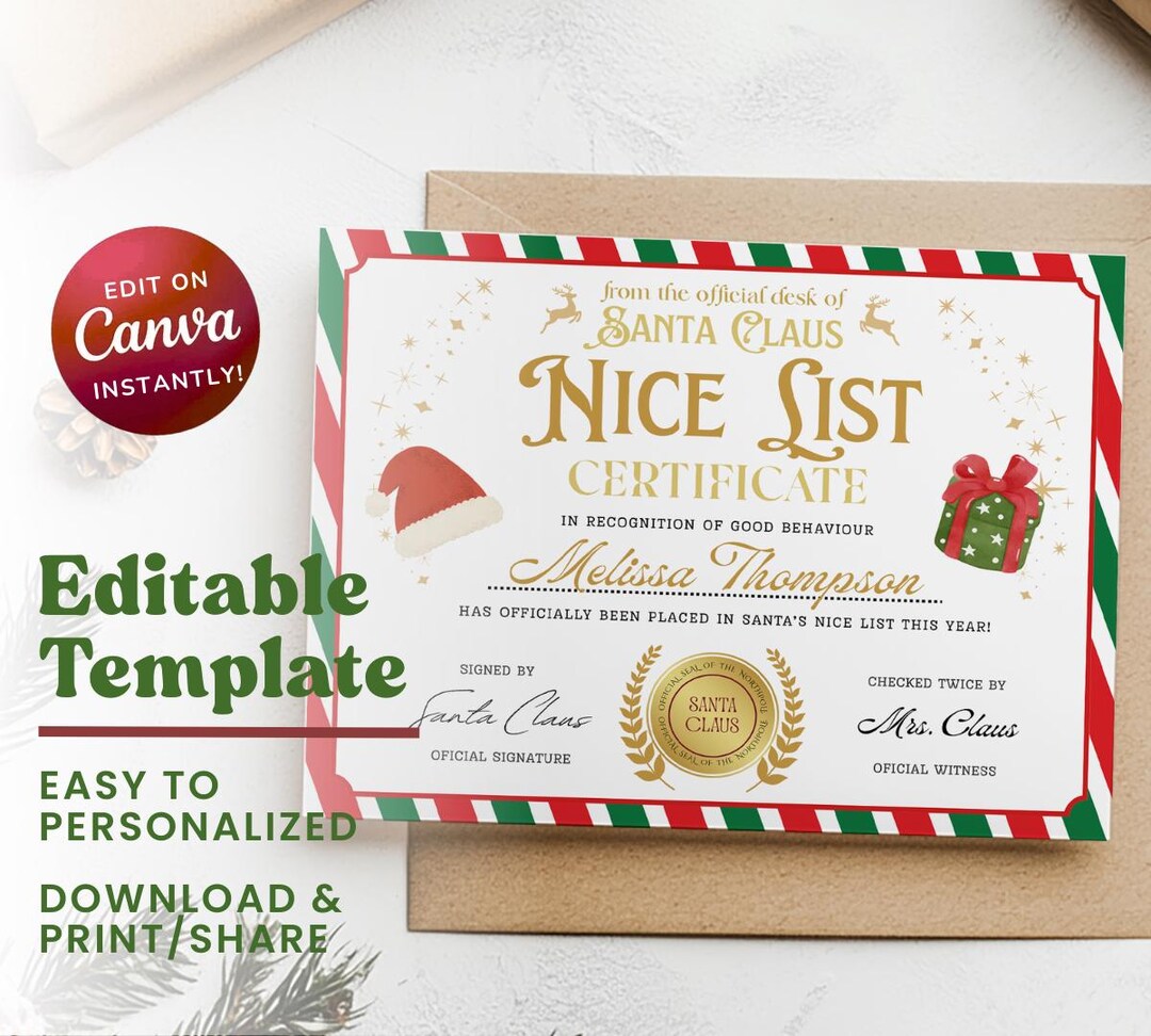 Editable Santa Claus Official Nice List Certificate, North Pole ...