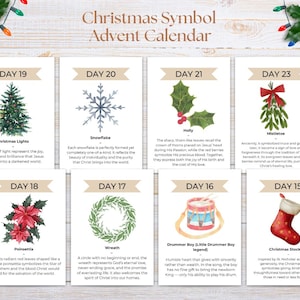 Puede incluir: Un calendario de Adviento con símbolos navideños, ilustrado con acuarela. El calendario incluye imágenes de un árbol de Navidad, un copo de nieve, acebo, muérdago, flor de Pascua, corona, tamborilero y calcetín navideño.