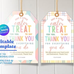 Op de afbeelding: Twee paasgeschenktags met pastelkleuren en de tekst "Just a Little Easter Treat". De tags bevatten de zinnen "Thank You" en "For Everything You Do". Eén tag heeft een geometrisch patroon, de andere een ruitpatroon.