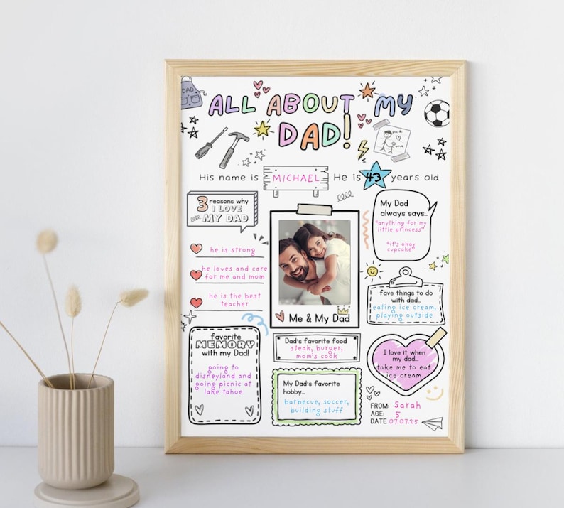 K&ouml;nnte beinhalten: Ein gerahmter Holzdruck mit dem Titel "All About My Dad!" mit handgeschriebenem Text, Kritzeleien und einem Foto. Der Druck enth&auml;lt den Namen "Michael", das Alter 43 und Details &uuml;ber die Lieblingsdinge des Vaters.