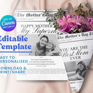 Editable Mothers Day Newspaper Template, Gift for Her, Personalized Mothers Day Gift, Flower Bouquet wrap, Printable Mothers Day Card