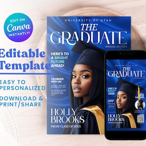 Graduation Invite Magazine Style, Premade Event Flyer Design, Class of 2025 Graduation Celebration, Blue DIY Editable Flyer Template