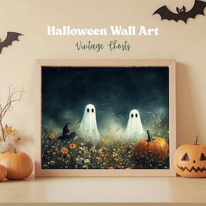 Vintage Cute Ghosts in Wildflower Meadow Print, Moody Ghosts Autumn Decor Digital, Spooky Halloween Fall Painting Printable Wall Art