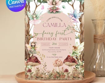 Fairy First Birthday Invitation Girl, Boho Arch Fairy 1st Birthday Invite, Garden, Enchanted Garden Fairy Invitation, Birthday Girl