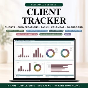 Peut inclure: Un outil de suivi client numérique pour petites entreprises affiché sur un écran d'ordinateur portable. L'interface présente un tableau de bord avec des graphiques en barres, des diagrammes circulaires et des tableaux. Texte : Client Tracker, Clients, Conversations, Tasks, Calendar, Dashboard, 7 Tabs, 200 Clients, 500 Tasks, Instant Download.