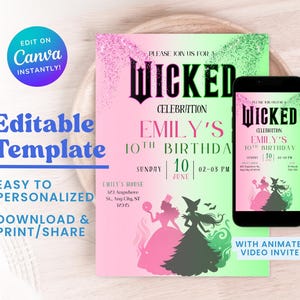 May include: A birthday party invitation template with a pink and green color scheme. The invitation features the text "Wicked Celebration" and "Emily's 10th Birthday". A smartphone displays the invitation. The design includes silhouettes of witches.