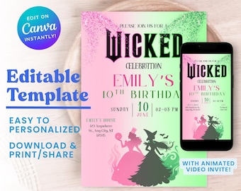 EDITABLE Wicked Birthday Party Invitation, Wicked Movie Ticket Invitation, Digital Wicked Party Movie Ticket, Pink And Green Party