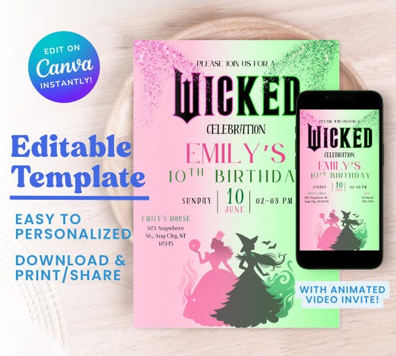 EDITABLE Wicked Birthday Party Invitation, Wicked Movie Ticket Invitation, Digital Wicked Party Movie Ticket, Pink And Green Party