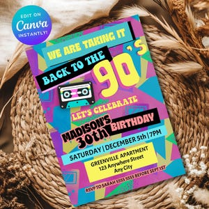 Op de afbeelding: Een kleurrijke uitnodiging voor een verjaardagsfeest in de stijl van de jaren 90 met een cassetteband-afbeelding en de tekst "We are taking it back to the 90's Let's celebrate Madison's 30th Birthday Saturday | December 5th | 7PM Greenville Apartment 123 Anywhere Street Any City RSVP to Sarah 5555 5555 before Sept 1st"