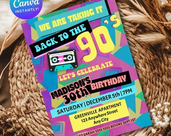 Editable 90s Party Invitation, Back to the 90s, Throwback Party, House Party, Birthday Invitation, 90s Theme, Printable