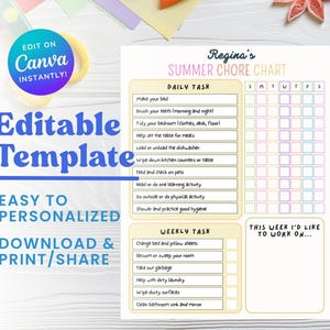 Editable Summer Chore Chart for Teens Tweens Pre-Teens, Summer Chores Checklist for Teenager, Daily and Weekly Responsibility Chart for Kids