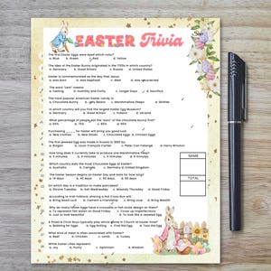 May include: A printable Easter trivia game with a cute bunny rabbit illustration. The game features questions about Easter traditions, history, and symbols. The questions are multiple choice and there is a space for a name and total score.
