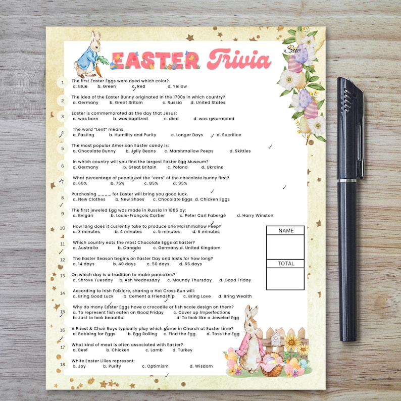 May include: A printable Easter trivia game with a cute bunny rabbit illustration. The game features questions about Easter traditions, history, and symbols. The questions are multiple choice and there is a space for a name and total score.
