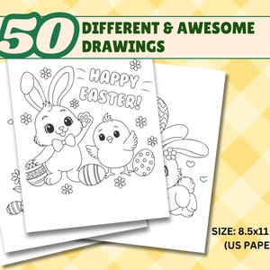 May include: A black and white coloring page featuring a bunny rabbit holding an Easter egg and a chick holding an Easter egg. The text "Happy Easter!" is written above the bunny and chick. The coloring page is 8.5 inches by 11 inches.