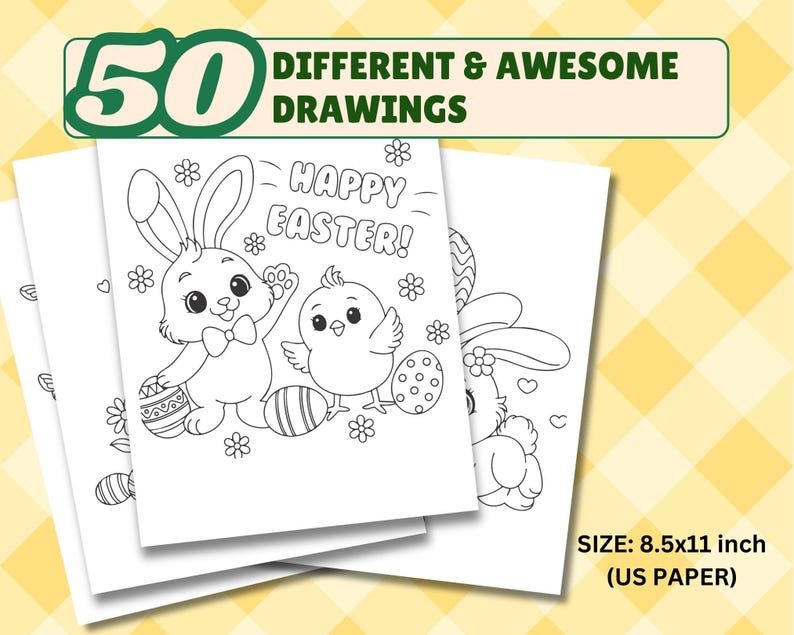 May include: A black and white coloring page featuring a bunny rabbit holding an Easter egg and a chick holding an Easter egg. The text "Happy Easter!" is written above the bunny and chick. The coloring page is 8.5 inches by 11 inches.
