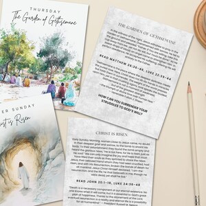 Pu&ograve; includere: Quattro illustrazioni ad acquerello che rappresentano scene della Bibbia. La prima immagine mostra un gruppo di persone in un giardino. La seconda immagine mostra una grotta con una luce che la attraversa. La terza immagine mostra un gruppo di persone in un giardino. La quarta immagine mostra una grotta con una luce che la attraversa. Il testo sulle carte dice "Il Giardino di Getsemani", "Cristo &egrave; risorto", "Come puoi abbandonare le tue lotte alla volont&agrave; di Dio?" e "La morte &egrave; una componente necessaria della nostra esistenza eterna."