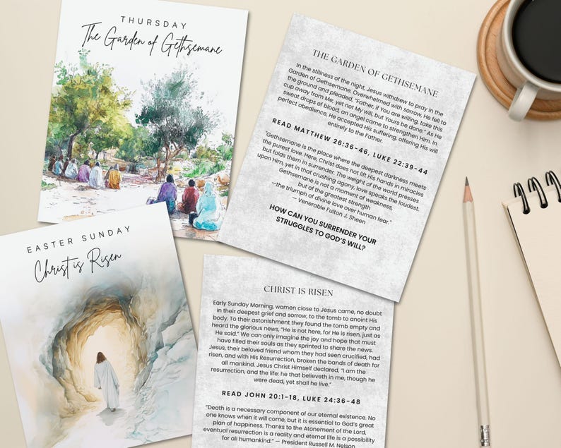 Pu&ograve; includere: Quattro illustrazioni ad acquerello che rappresentano scene della Bibbia. La prima immagine mostra un gruppo di persone in un giardino. La seconda immagine mostra una grotta con una luce che la attraversa. La terza immagine mostra un gruppo di persone in un giardino. La quarta immagine mostra una grotta con una luce che la attraversa. Il testo sulle carte dice "Il Giardino di Getsemani", "Cristo &egrave; risorto", "Come puoi abbandonare le tue lotte alla volont&agrave; di Dio?" e "La morte &egrave; una componente necessaria della nostra esistenza eterna."