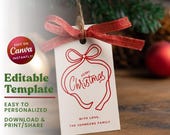 Red Bow Christmas Gift Tag Template, Merry Christmas Favor Tags, Whimsical, Holiday Gift Tag Personalized, Hand Drawn Christmas Gift Tags