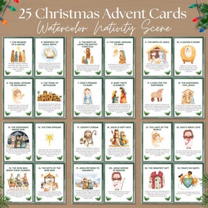 Puede incluir: Un conjunto de 25 tarjetas de Adviento navideñas con ilustraciones en acuarela de la escena de la Natividad. Cada tarjeta tiene una imagen y un texto únicos, con títulos como "La promesa de un salvador" y "El nacimiento de Jesús". Las tarjetas están dispuestas sobre un fondo marrón claro.