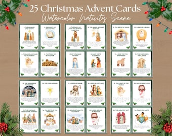 Calendario dell'Avvento, schede con storie della Natività di Natale per bambini, schede con versetti biblici per adolescenti e adulti, conto alla rovescia di Natale stampabile