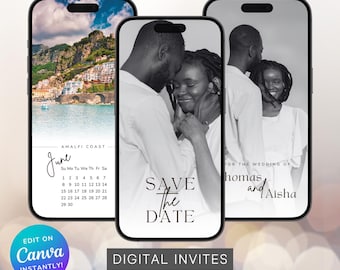Modèle numérique réservez la date, modèle modifiable à télécharger, calendrier photo réservez la date, faire-part vidéo réservez une date de mariage minimaliste