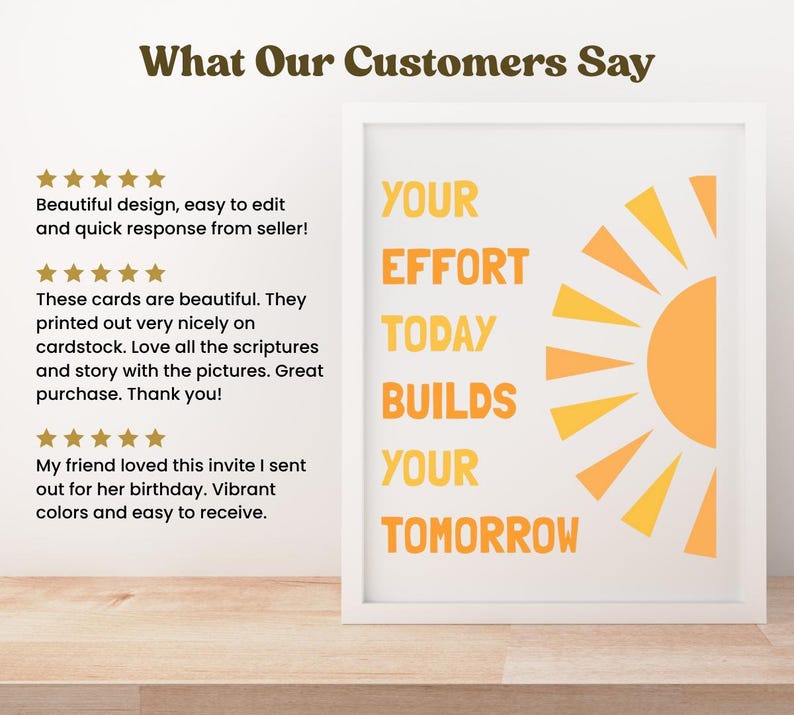 May include: A framed print with the text "YOUR EFFORT TODAY BUILDS YOUR TOMORROW" in orange, with a stylized orange sun graphic. The frame is white, and the background is white. The image also includes customer reviews.