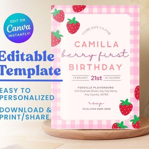 Pink Gingham Berry First Birthday Invitation Template, Berry First Birthday Invitation, Berry First Birthday Invitation Digital