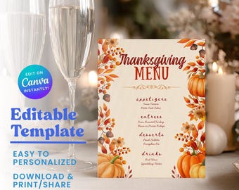 Thanksgiving Menu, INSTANT DOWNLOAD, Thanksgiving Decorations, Autumn Editable Sign, Little Pumpkin Party, EDITABLE Thanksgiving Dinner Menu
